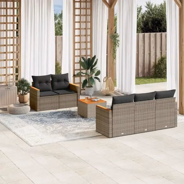 Set Divano da Giardino 6 pz con Cuscini-Sofa da Giardino-Divanetto da esterno Grigio in Polyrattan 125149