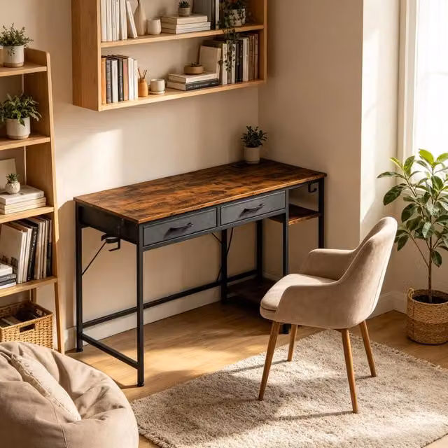 Desviae Scrivania con 2 cassetti in tessuto e ripiano laterale rimovibile marrone rustico 75 × 120 × 51 cm