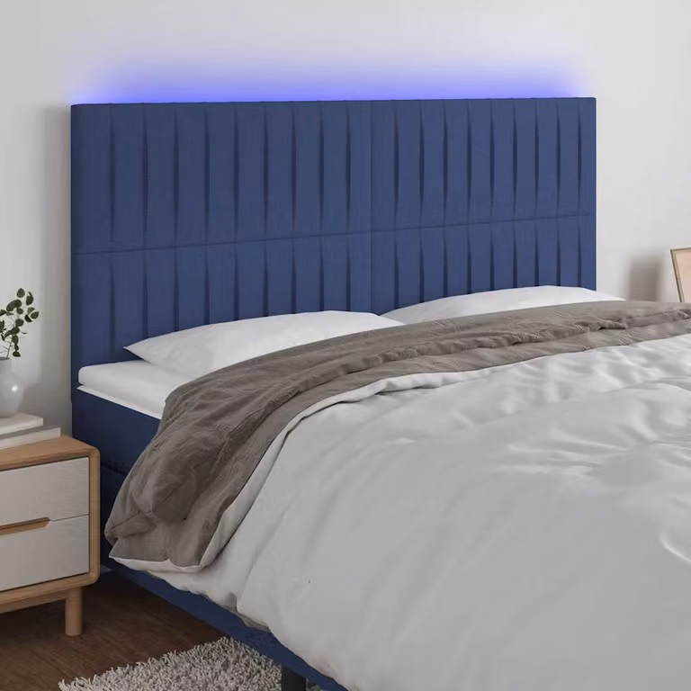 Testiera per letto vidaXL in tessuto blu con illuminazione LED integrata e porta di ricarica USB, L 180 cm x P 5 cm x H 118-128 cm