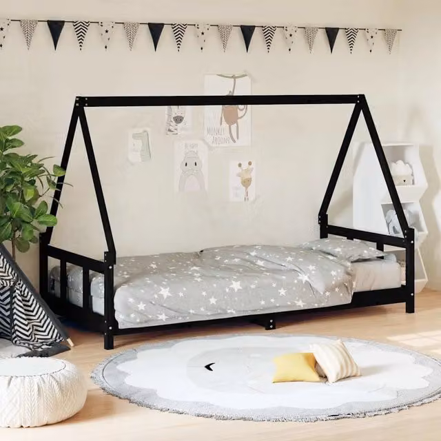 Giroletto per Bambini-Struttura Letto Bambini Nero 90x200 cm in Legno Massello di Pino 134562