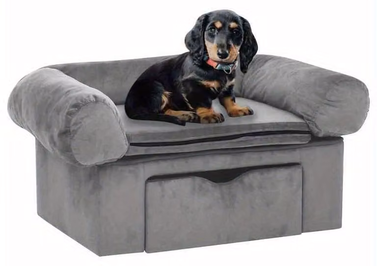 Divano per cani con comodo ripiano portaoggetti, dimensioni 75x50x38 cm, colore grigio, morbido, confortevole e facile da pulire