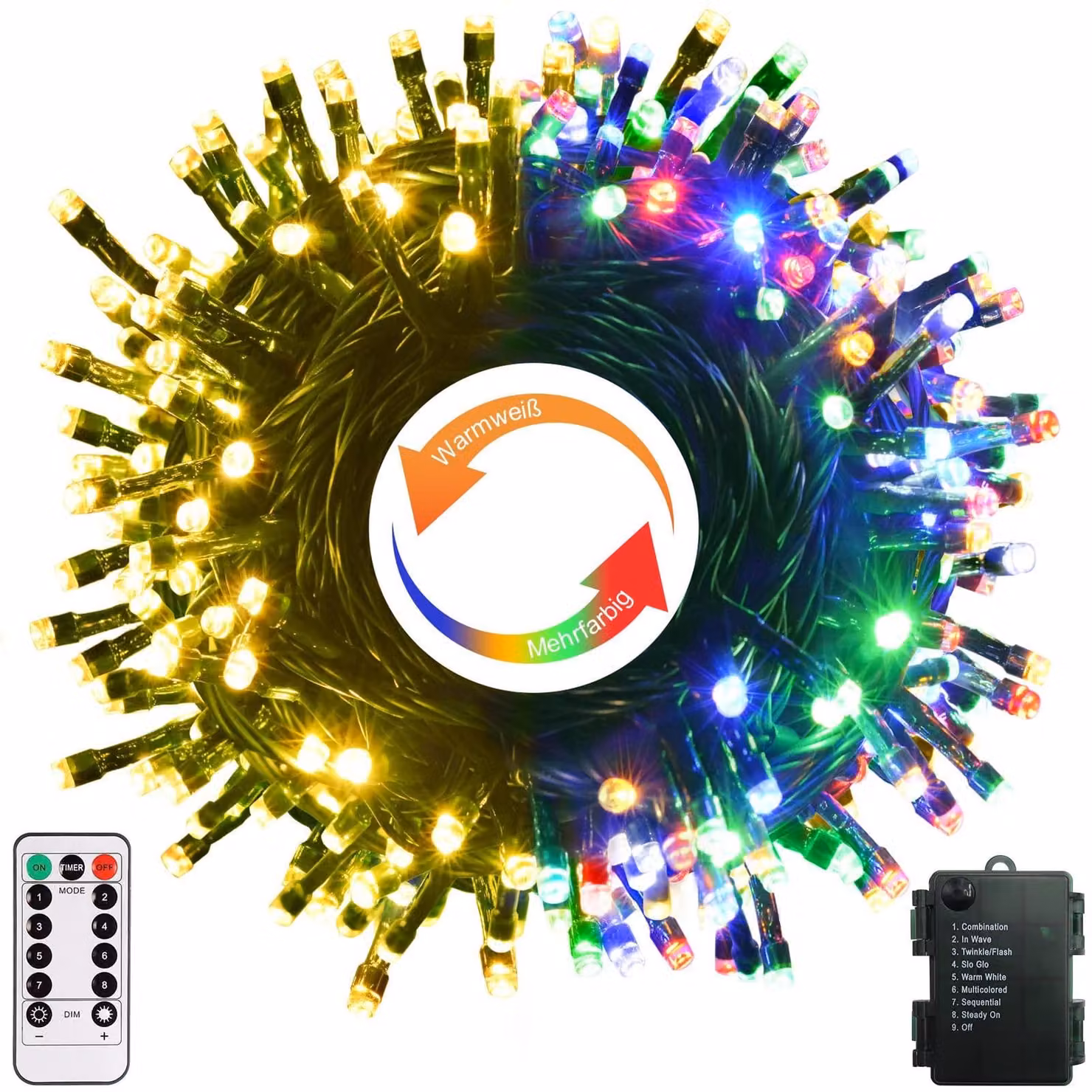 Catena luminosa a LED, 10 metri, 100 luci, cambio colore, bianco caldo/multicolore, con telecomando