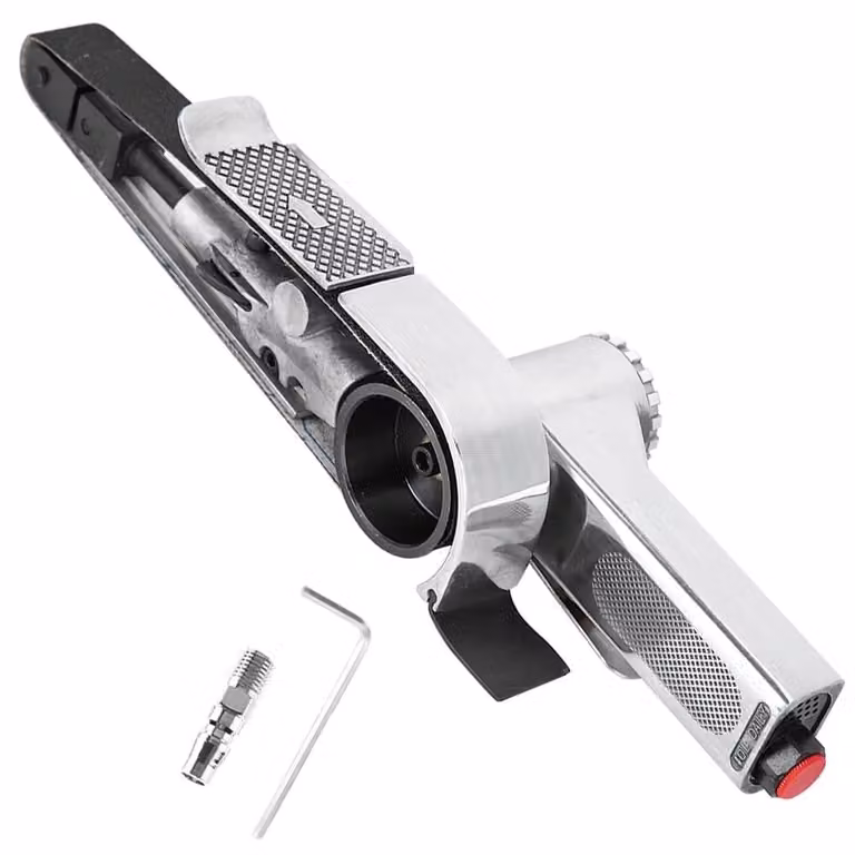 Levigatrice a nastro pneumatica 16000 rpm - Carta abrasiva a nastro 10 x 330 mm / 20 x 520 mm - Attacco aria 1/4" - Pressione di esercizio 6,3 kg - Leggera 1000-1390 g - Alta efficienza - Levigatrice a nastro