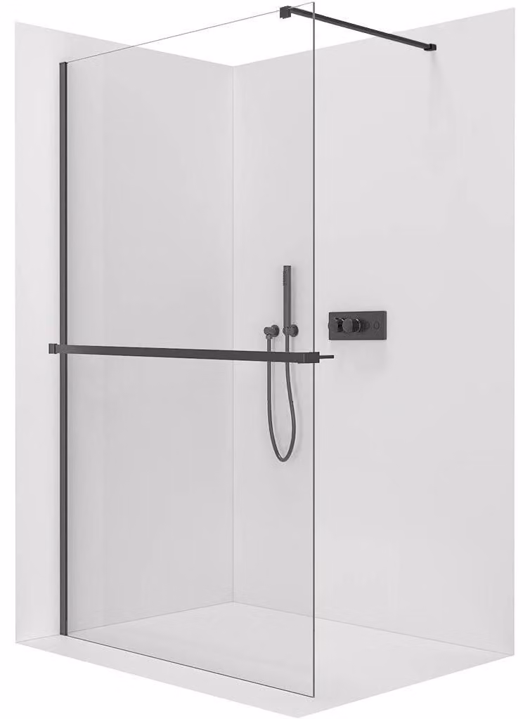 CERANO - Box doccia Walk-in Onyx Cube L/P - 10 mm - montante angolare + mensola/portasciugamani - nero opaco, vetro trasparente - 110x200 cm