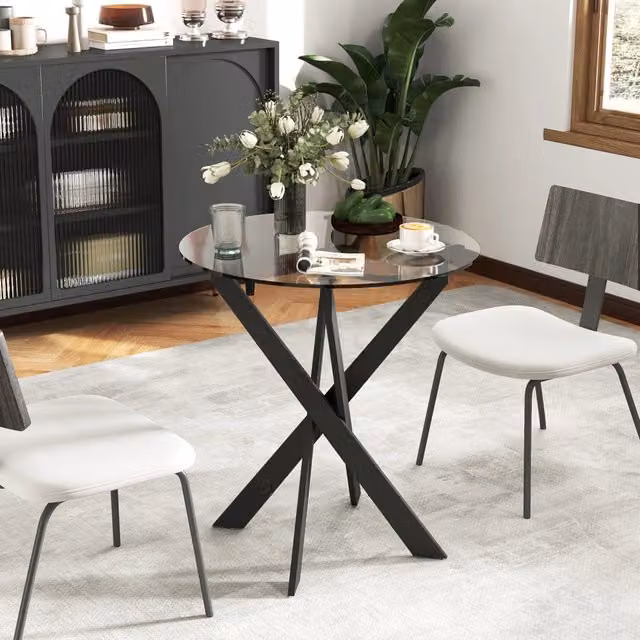 Tavolo da pranzo rotondo moderno Mivray con piano in vetro nero e struttura in metallo Ø 70 x H 75 cm – 1