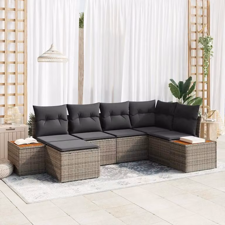 Set Divano da Giardino vidaXL 7 Pezzi a Forma di L Grigio con Cuscini e Tavolino
