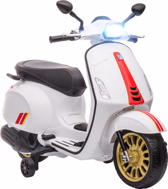 Moto elettrica Vespa AIYAPLAY per bambini, colore bianco, con musica, luci e radio, velocità 3 km/h, ideale per età 3-6 anni