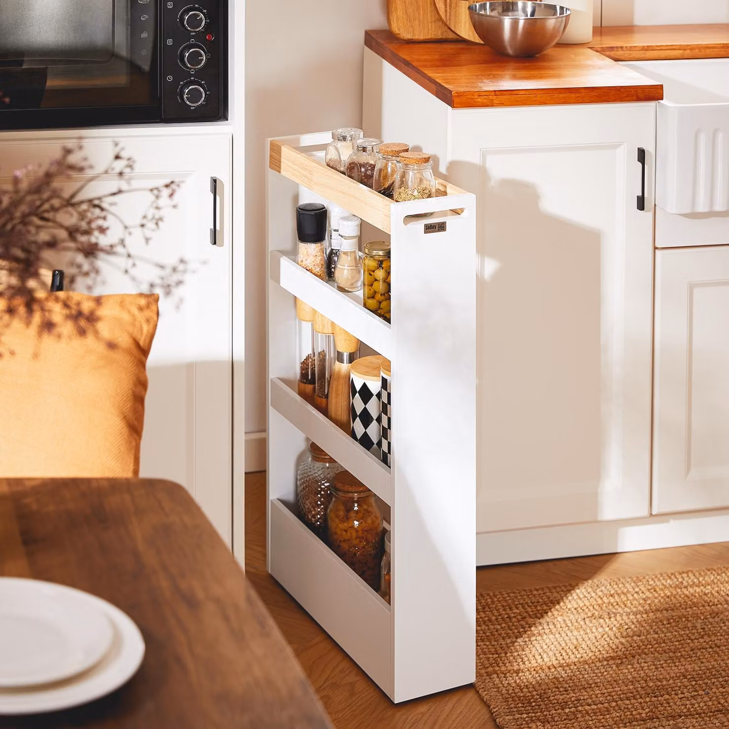 SoBuy Carrello laterale Scaffale a nicchia con 4 ripiani Scaffale da cucina con rotelle Carrello a nicchia Carrello da cucina stretto Carrello a 4 livelli NSR12-W