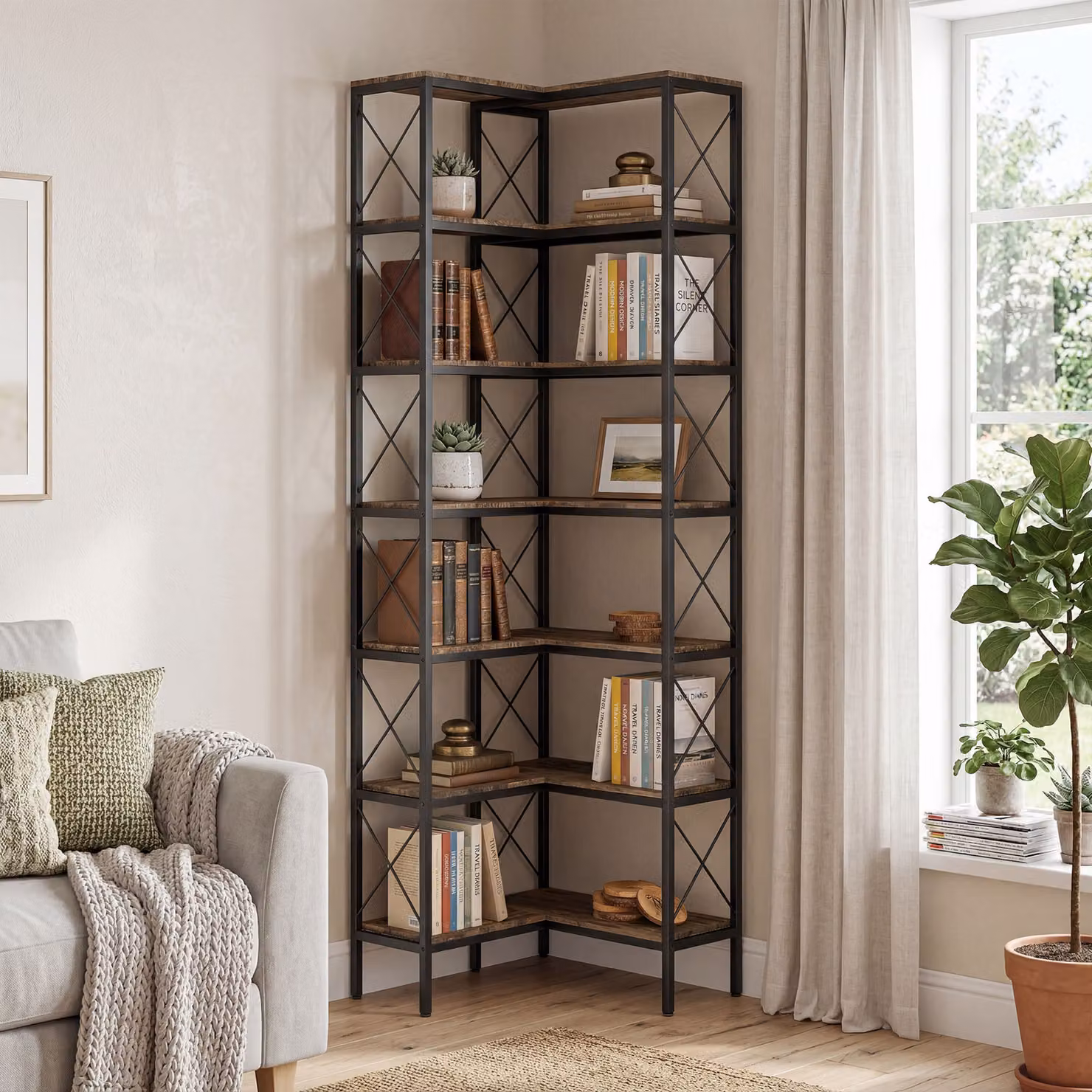 Libreria Angolare a L HOMCOM con 6 Ripiani in Stile Industriale, Telaio in Metallo e MDF, Marrone Rustico, L/P/H: 60 x 60 x 200 cm – 2