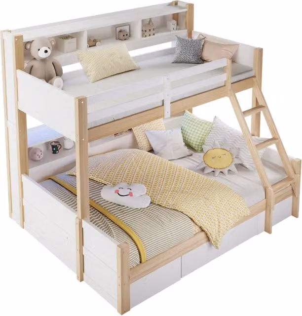 Letto a castello REDOM per bambini in legno e MDF, design scandinavo con struttura a casetta, colore bianco e beige, L/P/H: 200 x 90 x 167 cm e 200 x 140 x 174,5 cm