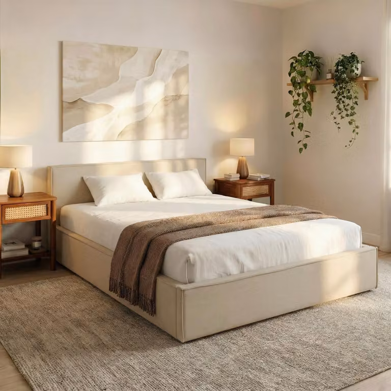 Letto imbottito PESARO 140x200 cm, beige - struttura letto con rete a doghe, rivestimento in tessuto resistente effetto lino, letto matrimoniale moderno con testiera per camere da letto