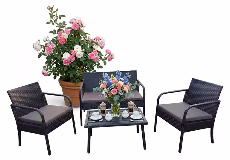 Set di mobili da giardino Relaxdays, set da salotto in rattan da 4 pezzi, per 4 persone, con panca, 2 sedie e tavolo, mobili da relax, per esterni, nero