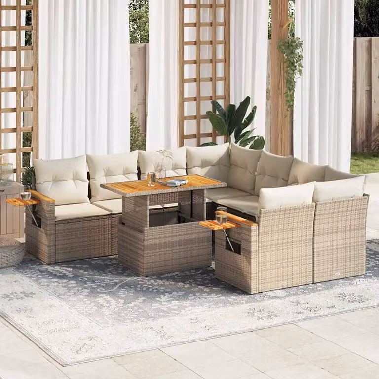Set Divano da Giardino vidaXL 9 pz in Polyrattan e Legno di Acacia con Cuscini Beige e Tavolino da Esterno