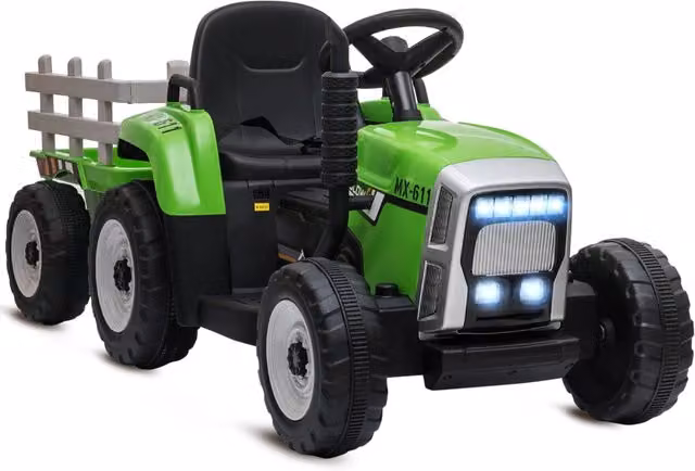 Trattore Elettrico per Bambini 3-6 Anni con Rimorchio Rimovibile, Batteria 12V e Telecomando, Verde