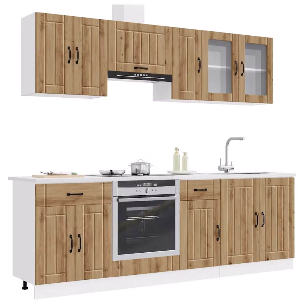 Set di mobili da cucina vidaXL Kalmar composto da 8 pezzi in stile rustico color marrone con ante in vetro e ripiani interni L/P/H: 246,0 x 60,0 x 81,5 cm