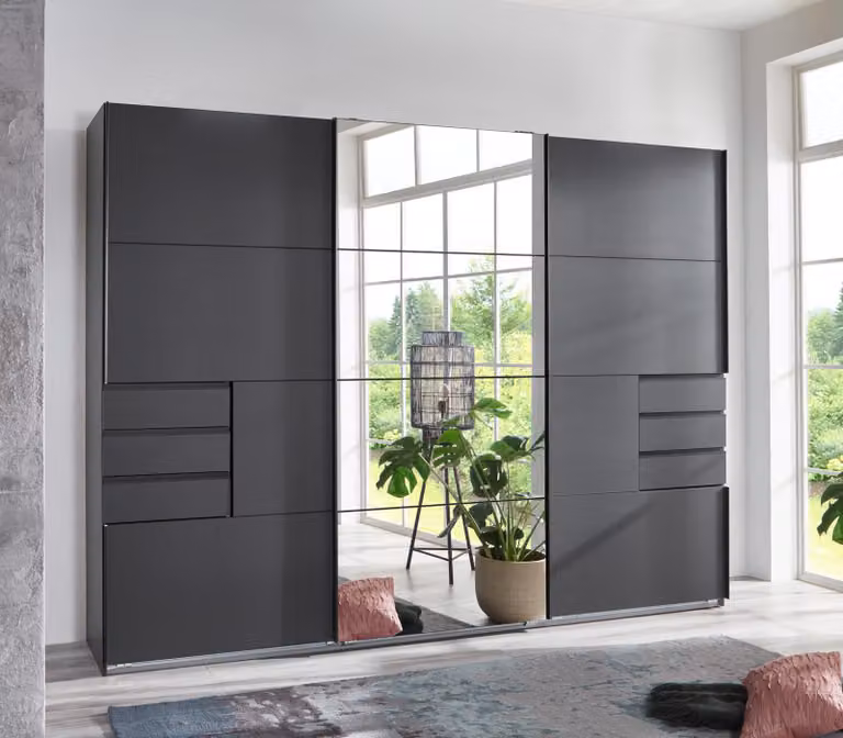 Armadio Saigon con ante scorrevoli, finitura grafite e specchio, 270 cm