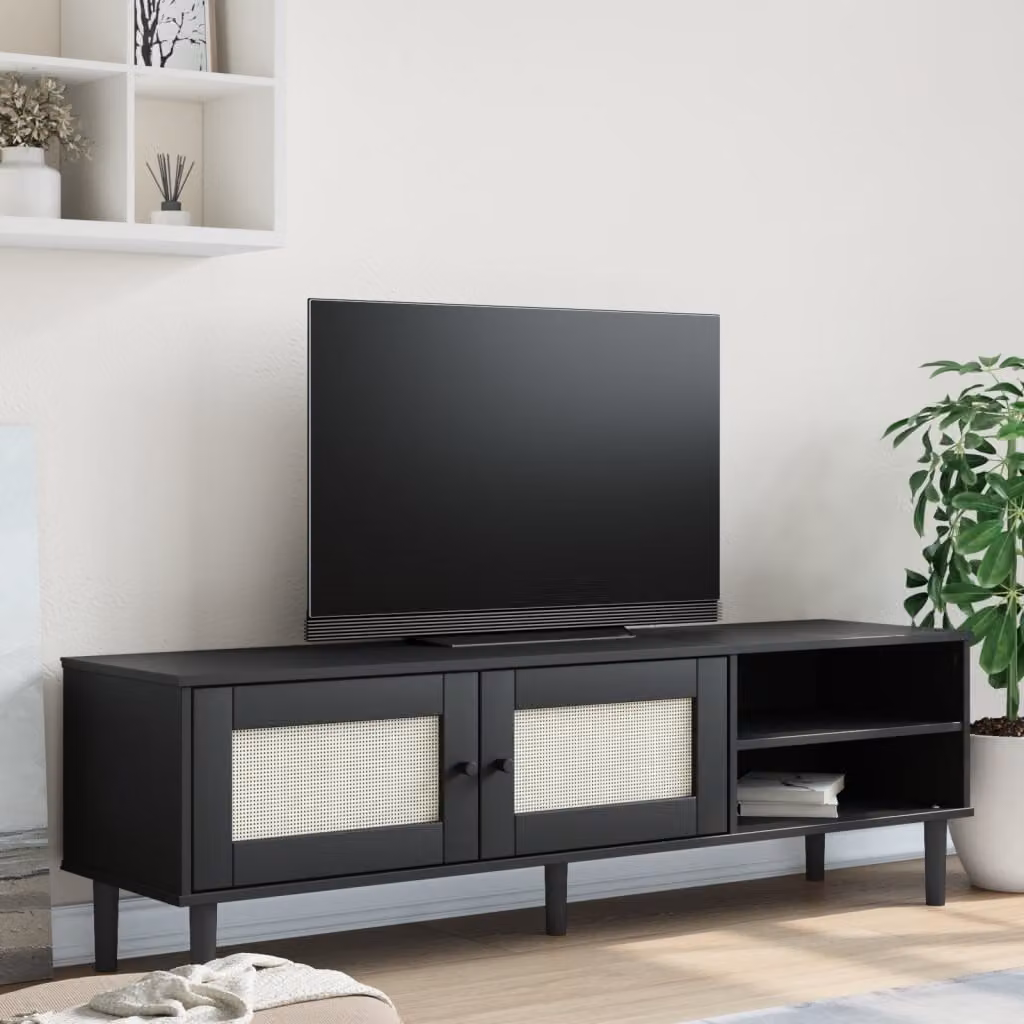Mobile TV vidaXL SENJA in legno di pino massello e rattan, colore nero, L: 158 cm, P: 40 cm, H: 49 cm