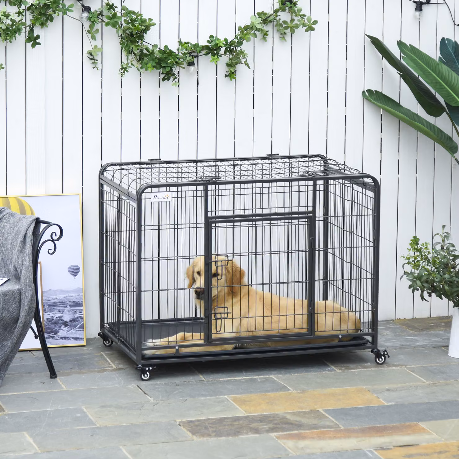 Gabbia per cani PawHut Aosom pieghevole con doppia porta, 4 ruote con freno e fondo rimovibile, L: 109,5 cm, P: 71 cm, H: 78 cm – 2