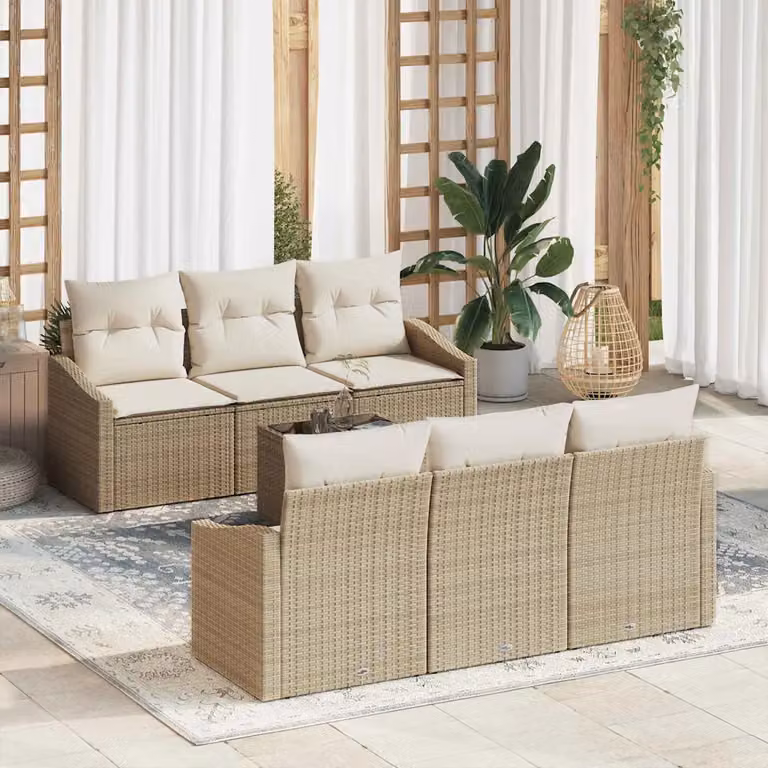 Set di divani da giardino vidaXL 7 pezzi in rattan con cuscini beige e bianco e tavolino da esterno in vetro