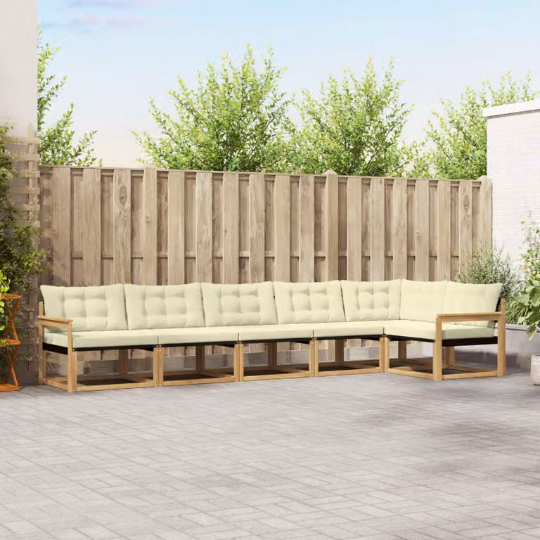 Set di divani da esterno vidaXL a forma di L composto da 6 pezzi in legno di acacia con cuscini bianchi e beige per giardino e terrazza