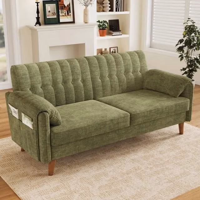 Divano 2 posti ¨C Minimal ¨C Verde tessuto imbottito gambe legno massello con braccioli e cuscini