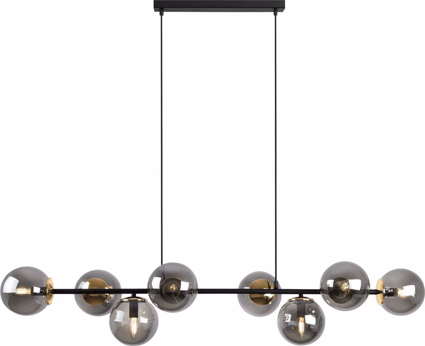 Lampada a sospensione Siena nero-oro 8 luci vetro grigio fumo E14