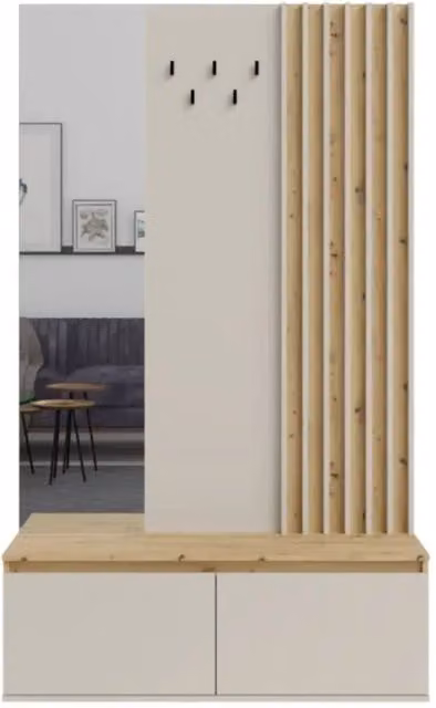 Mobile da ingresso Mone 120 cm con appendiabiti, specchio e vani contenitore – Rovere chiaro e beige cachemire