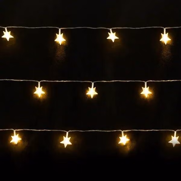 Catena luminosa con 20 LED caldi, lunghezza 3,3 metri, grado di protezione IP20, con timer, trasparente