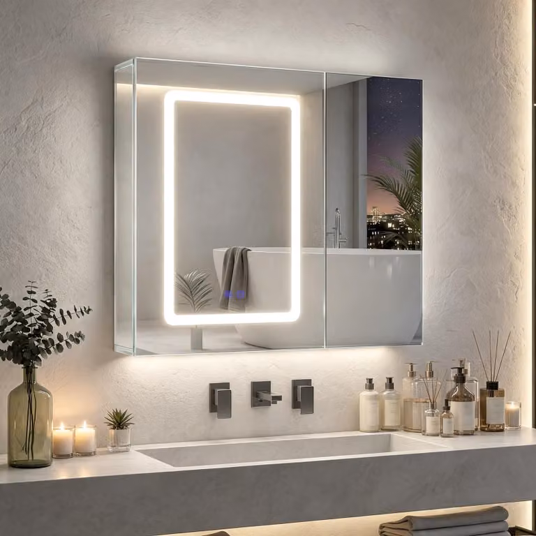 INONEFT, mobiletto specchio da bagno, 70 cm, con illuminazione. Mobiletto specchio per il bagno con specchio su entrambi i lati e ripiano regolabile, 2 ante, sensore touch