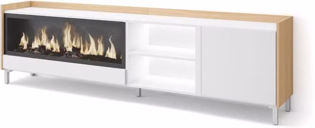 Mobile TV Soggiorno, 212x61x35 cm, Per TV fino a 80", Camino elettrico XXL, Design industriale, LED, Bianco e Rovere soft