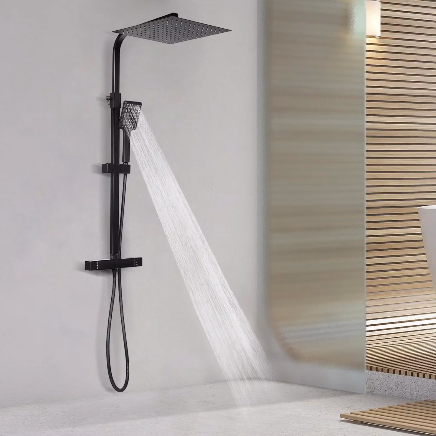 Set doccia termostatico - Sistema doccia a pioggia - Soffione 30×30 cm, doccetta, flessibile da 1,5 m, protezione antiscottatura, altezza regolabile 70-105 cm, resistente alla ruggine - Nero
