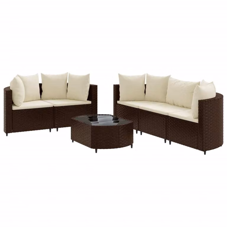 set di divani da giardino 6 pezzi con cuscini in poly rattan marrone