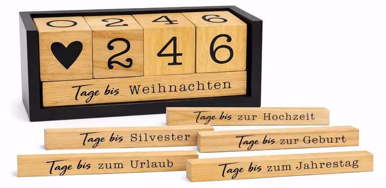 Calendario dell'Avvento in legno, calendario da tavolo con elementi in legno, per la casa, nei colori nero e legno