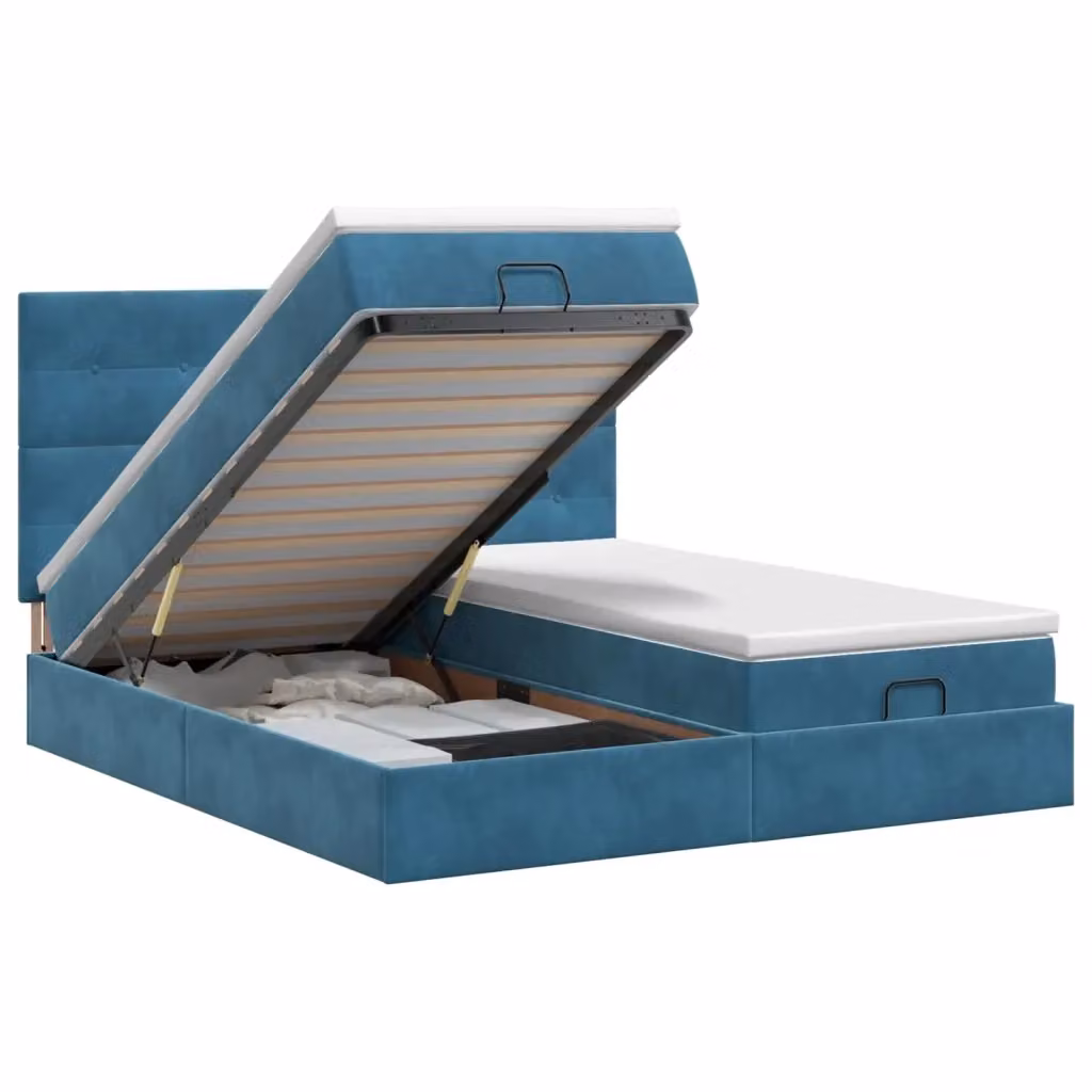 Letto ottomano moderno vidaXL in velluto blu con base a sollevamento e materasso, L/P/H: 160 x 200 x 88 cm – 2