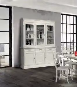 Credenza cristalliera in legno 3 ante mod Martini Shabby chic bianco anticato con maniglie infinito argento anticato