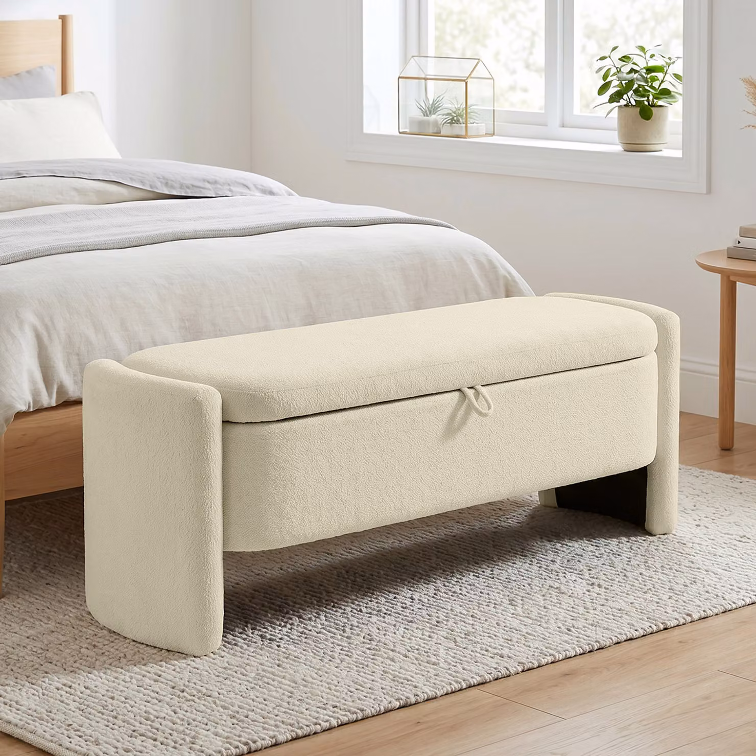 Panca Contenitore Imbottita in Tessuto Bouclé HOMCOM con Gambe in Legno, L: 118 cm, P: 42 cm, H: 45 cm, Beige – 2