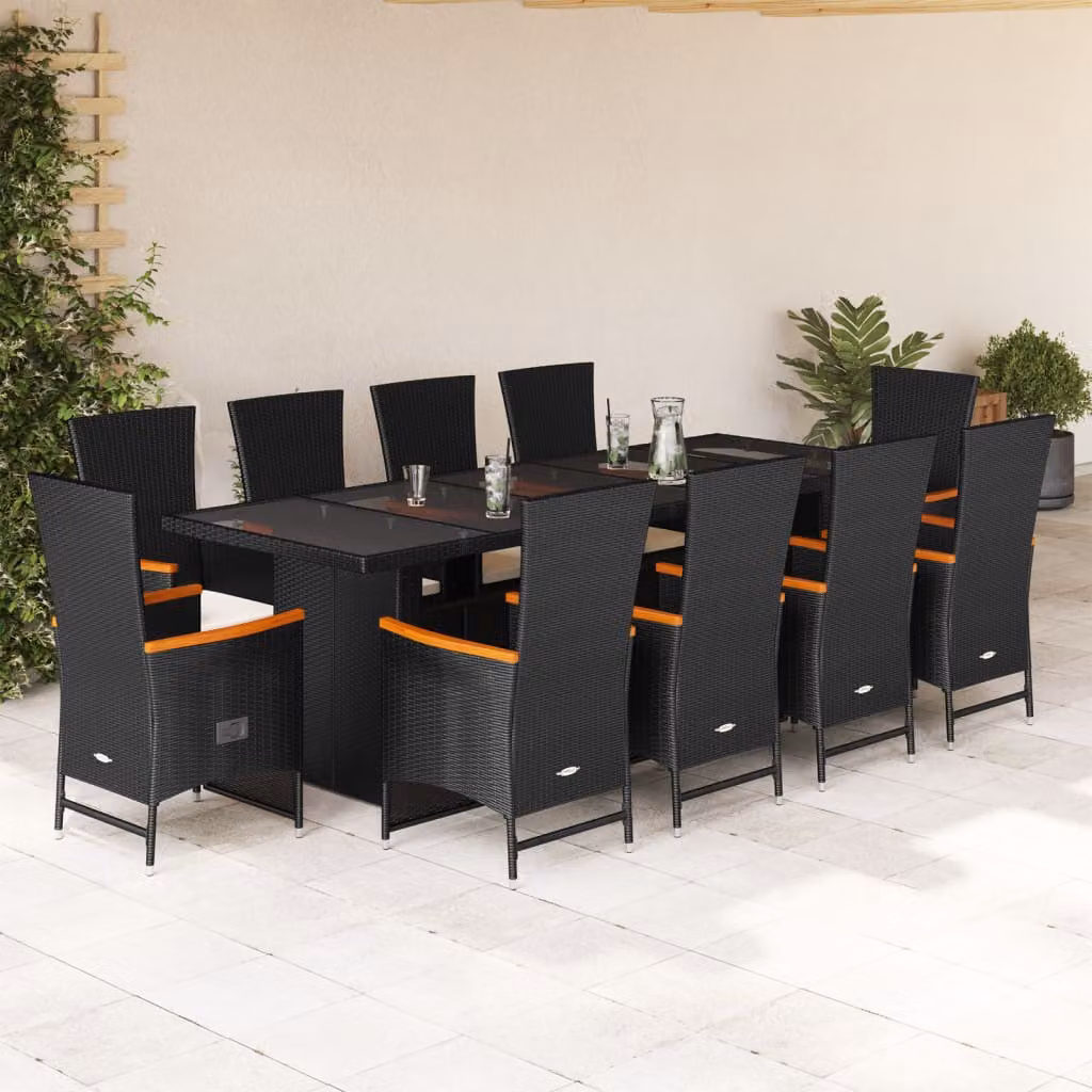 vidaXL Set da Pranzo da Giardino 11 pz in Polyrattan e Legno di Acacia con Piano in Vetro Nero e Bianco