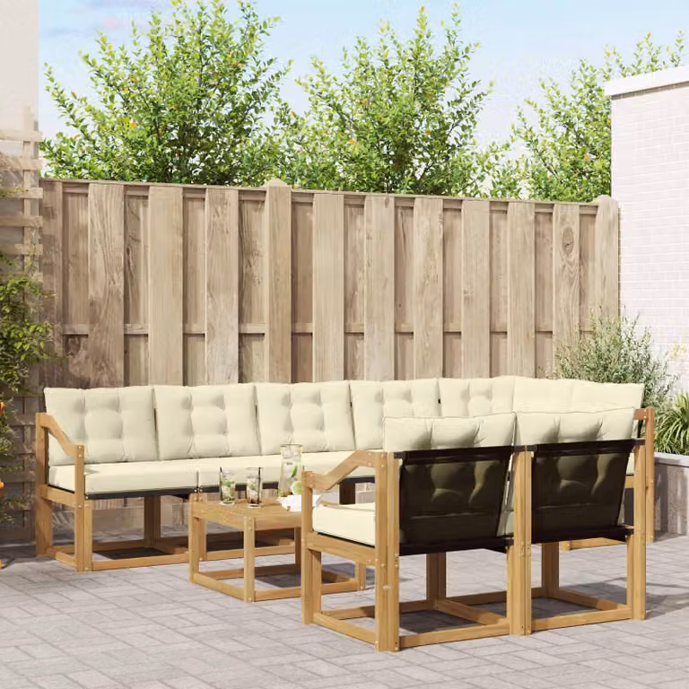 Set di divani da esterno vidaXL 9 pz in legno di acacia con tavolino e cuscini Bianco e Beige