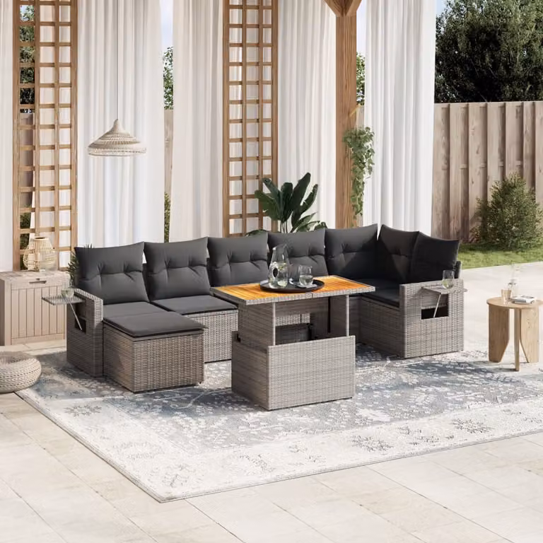 vidaXL Set Divano da Giardino a L 8 pz in Polyrattan Grigio con Cuscini e Tavolino