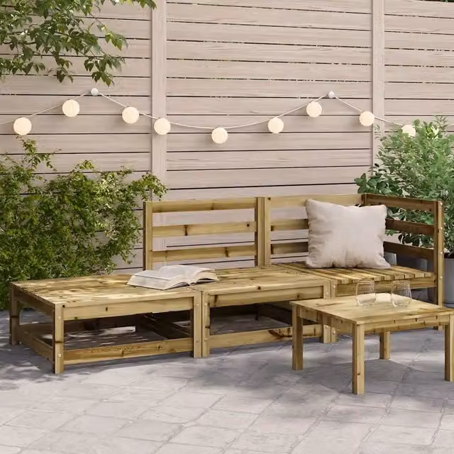Divano da giardino a L con poggiapiedi vidaXL in legno di pino marrone con cuscini inclusi – 1