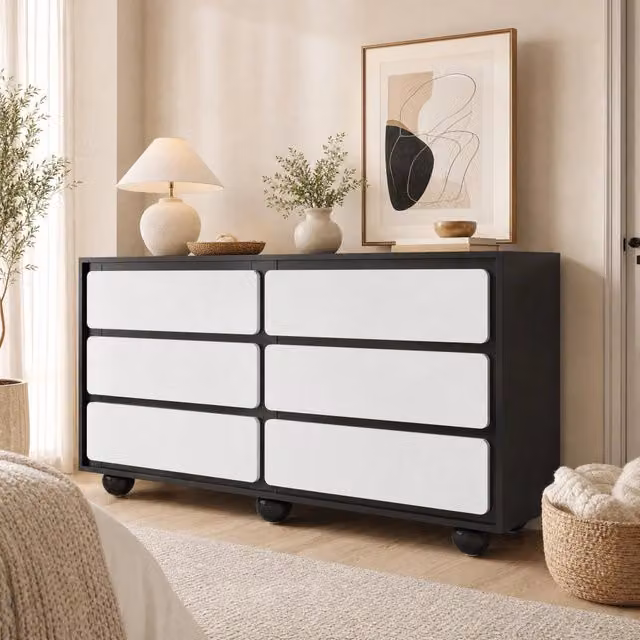 Cassettiera Mivray a sei cassetti con piedi in metallo bianca e nera L: 355,6 cm, P: 48,65 cm, H: 96,52 cm