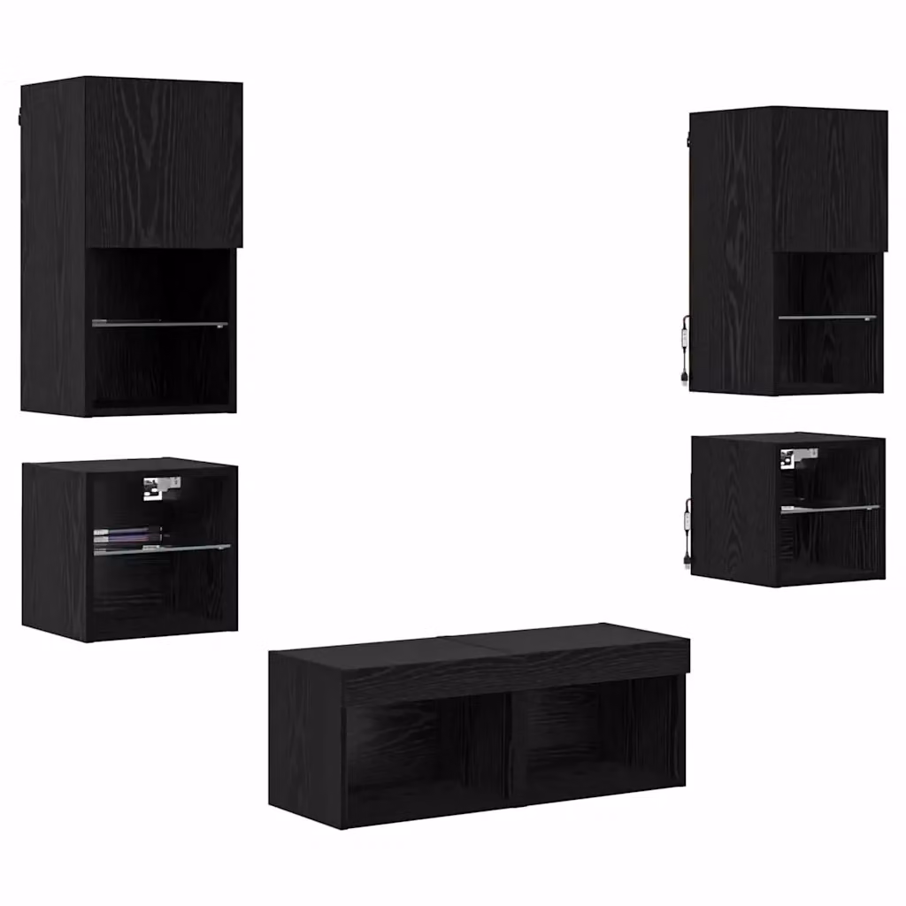 Unità per TV a muro moderna vidaXL in 8 pezzi, Rovere e Nero, in legno MDF – 2