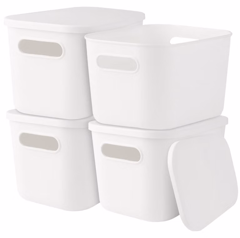 Omgoods - Contenitori portaoggetti - Set di 4 - Plastica - 26 x 18 x 16 cm - Impilabili - Con coperchio - Leggeri e salvaspazio - Cesti portaoggetti