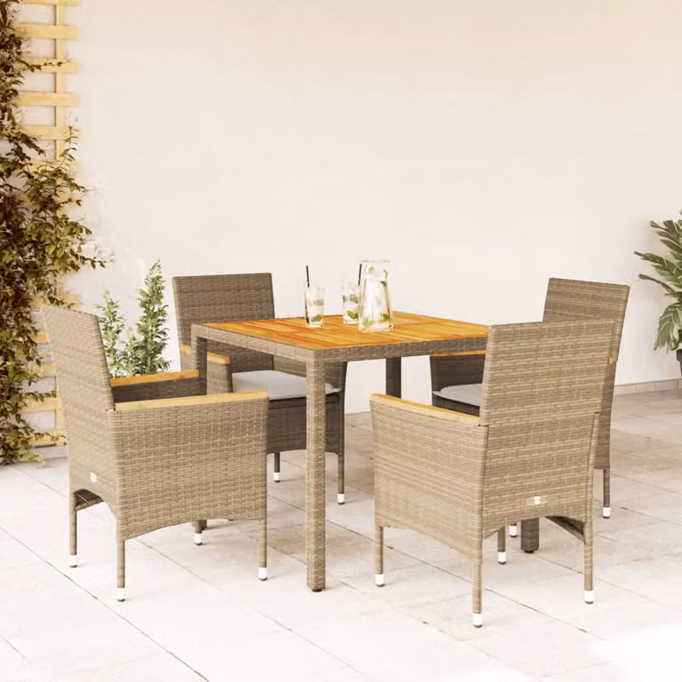 Set Pranzo da Giardino vidaXL 5 pz in Polyrattan e Legno di Acacia con Cuscini Beige e Bianchi