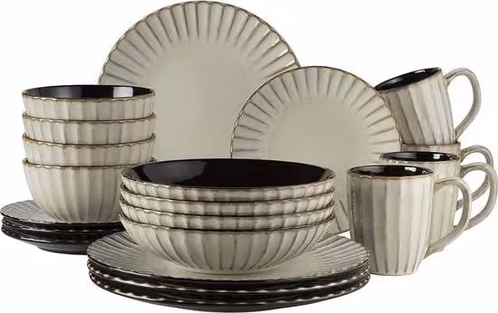 Set da tavola per 4 persone - stile vintage moderno - ceramica - beige con accenti neri