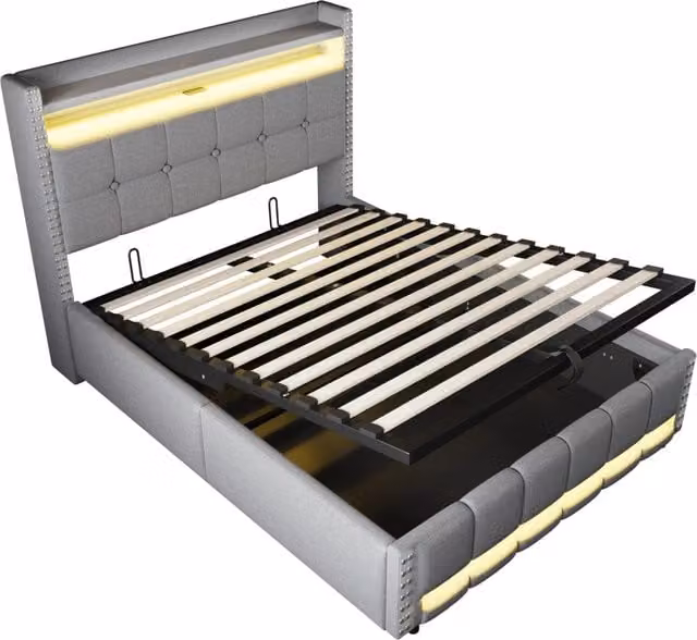 Letto contenitore matrimoniale Chicfurn in tessuto grigio con illuminazione LED, porte USB e testiera con ripiani, L/P: 140 x 200 cm