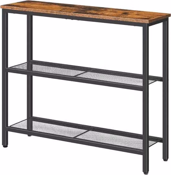 Tavolino da soggiorno compatto con 3 ripiani, ideale per piccoli spazi, disponibile in colorazione marrone rustico e nero.