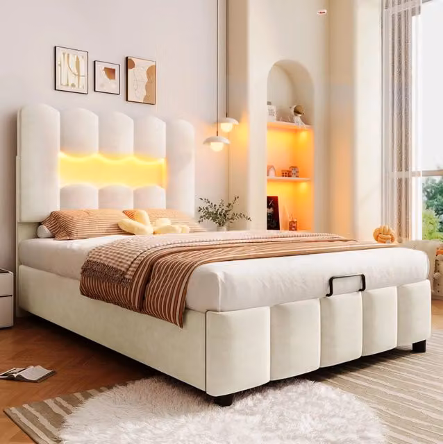 Letto imbottito 90x200 cm con LED, contenitore idraulico e testiera regolabile in velluto beige