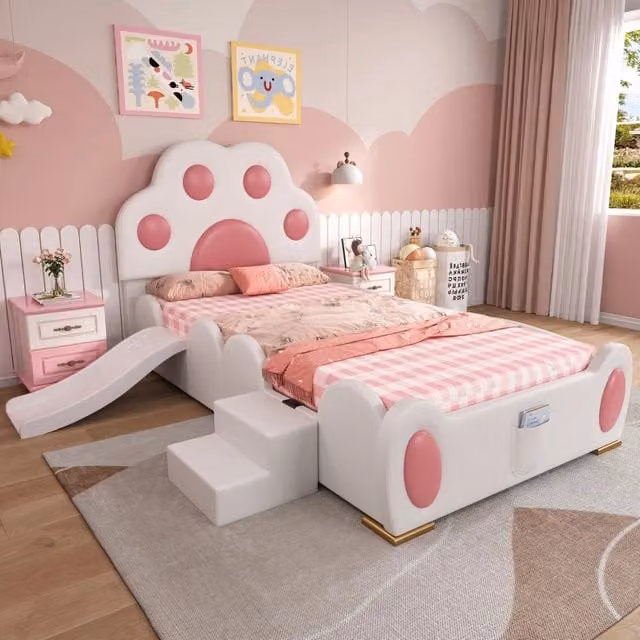 Letto per bambini singolo 90 × 200 cm con scivolo, scaletta a 2 gradini e tasca al fondo, senza materasso
