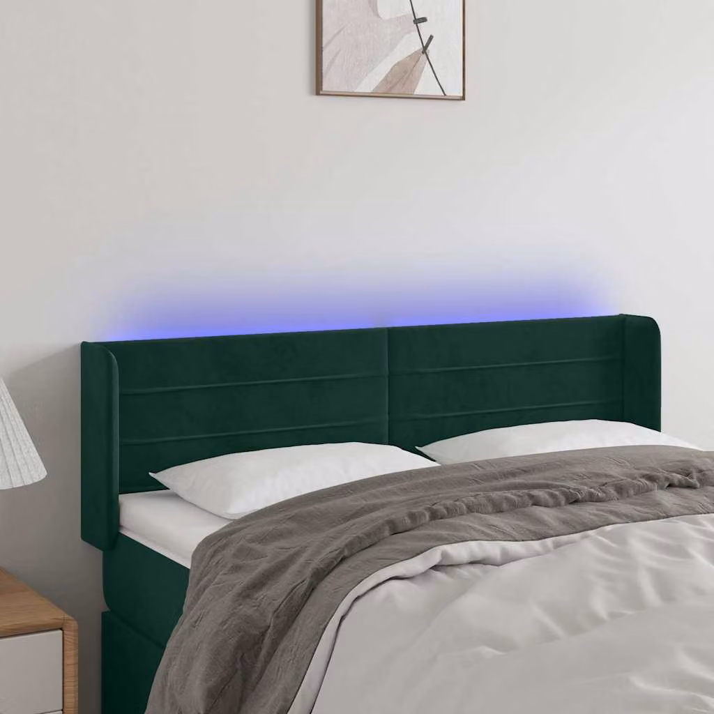 Testiera per letto vidaXL in velluto verde scuro con illuminazione LED e porta di ricarica USB, L: 147 cm, P: 16 cm, H: 78-88 cm